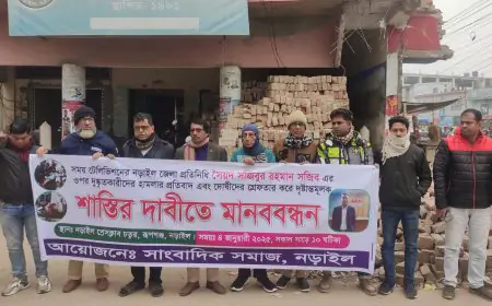 সাংবাদিকের ওপর হামলাকারীদের গ্রেপ্তার ও দৃষ্টান্তমূলক শাস্তির দাবিতে নড়াইলে মানববন্ধন 