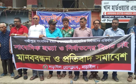 গাজীপুরে সাংবাদিক হত্যা ও দেশব্যাপী সাংবাদিক নির্যাতনের প্রতিবাদে  নড়াইলে মানববন্ধন  ও প্রতিবাদ সমাবেশ অনুষ্ঠিত