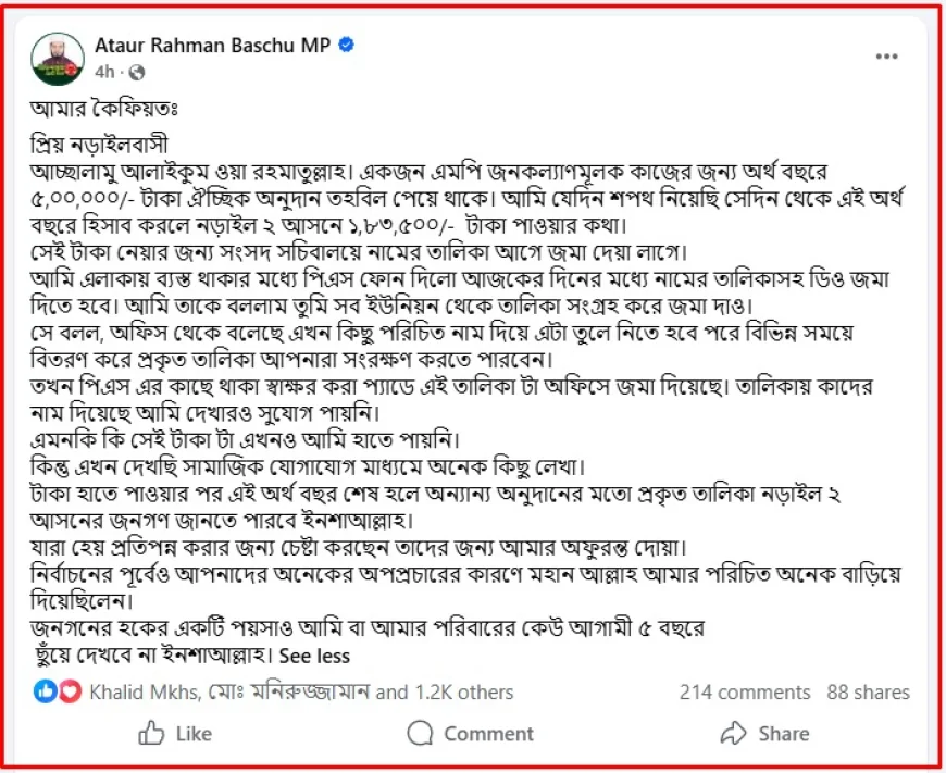 অনুদান বিতর্কে নিজের অবস্থান স্পষ্ট করলেন এমপি বাচ্চু